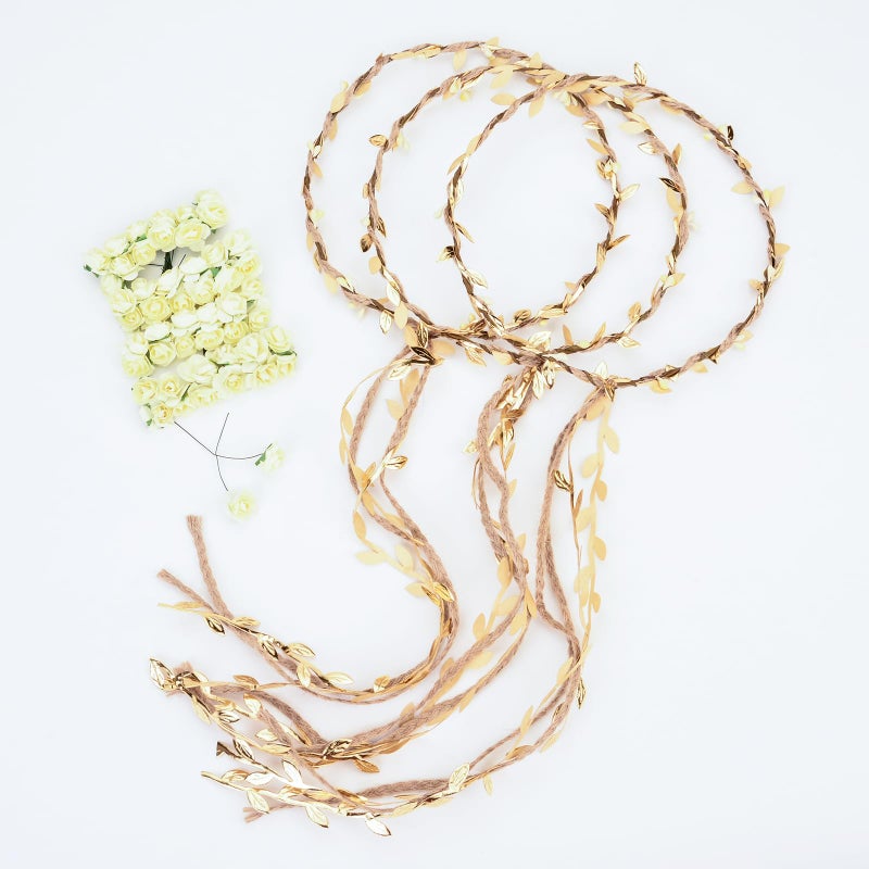 DDazzling Flower Crown Floral Wreath Headband Floral Garland Headbands Photo Props,Rose Flower Crown Kit, 3 Piece (Ivory and Gold) - Image 4